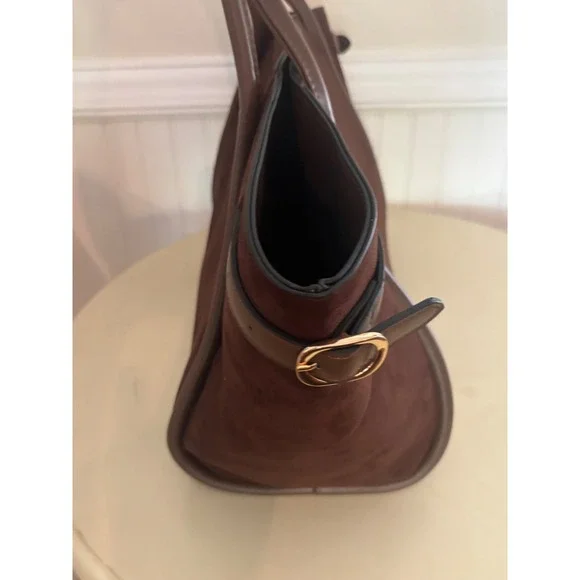 ASOS DESIGN Brown Faux Suede Tote Bag Tan Trim Gold Buckle Large Shoulder Bag - Picture 3 of 11